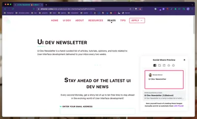 Screenshot of a UI Dev Newsletter page with Social Share Preview extension highlighting preview on Facebook.