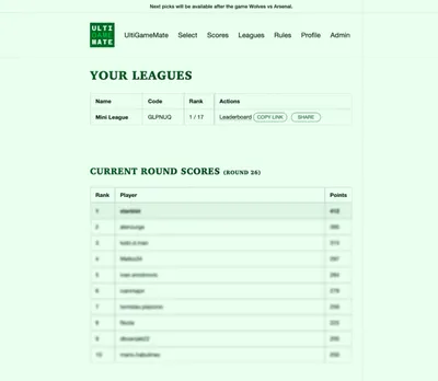 Screenshot of UltiGameMate leagues page.