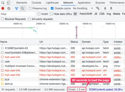 Screenshot of DevTools showing it takes 1.3 minutes to load the Hubl functions page.