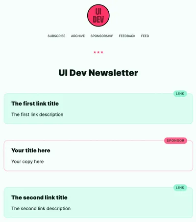 Screenshot of UI Dev Newsletter website with sponsor link example highlighted.
