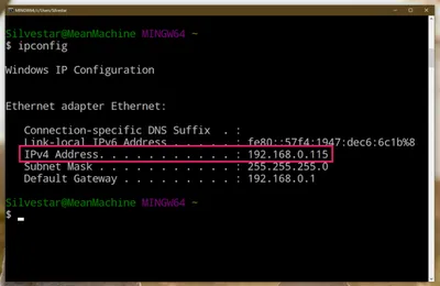 Windows 10 Screenshot of an output of a ifconfig command showing external IP address of a localhost.