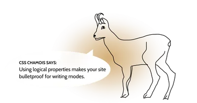 Poorly drawn chamois with a text in a speech bubble: “Using logical properties makes your site bulletproof for writing modes.”
