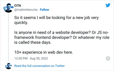 Screenshot of a tweet of mine about searching for a new role.