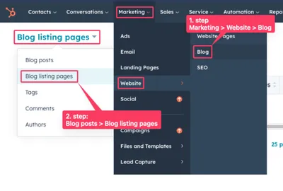 Screenshot of the HubSpot dashboard showing how to navigate to blog listing pages.