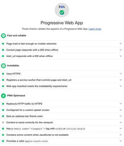 Lighthouse score for Progressive Web App after optimisation.